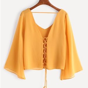 Mustard Chiffon Lace Up Top